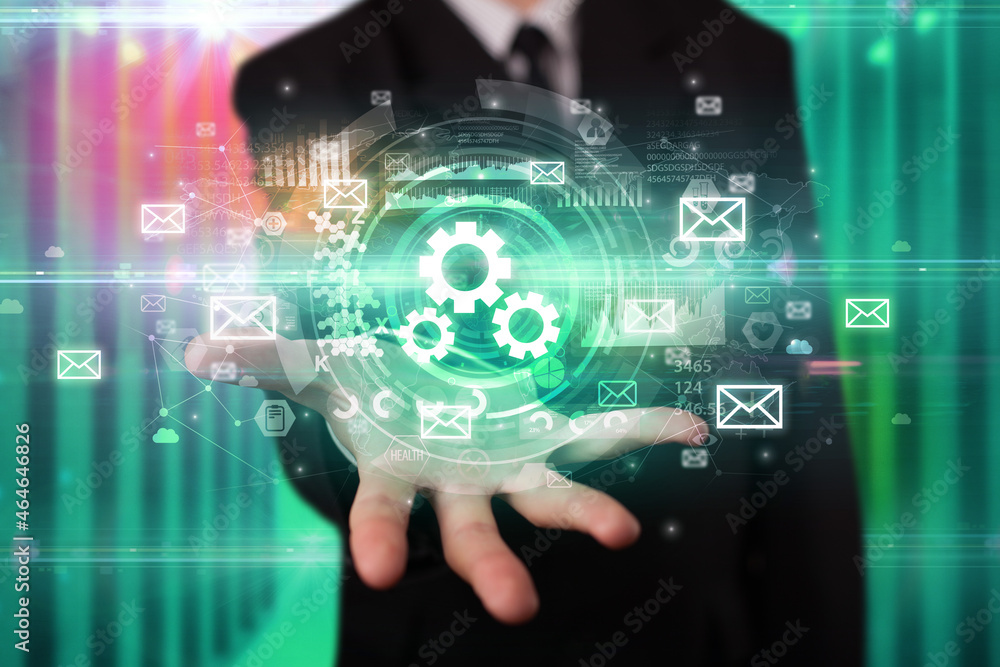 Businessman holding technology icon concept Businessman holding technology icon concept