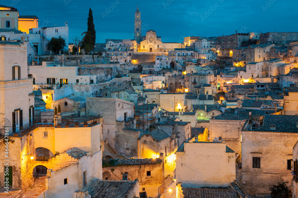 Matera. Night view of Sasso Caveoso towards the Cathedral from Piazzetta Pascoli.
