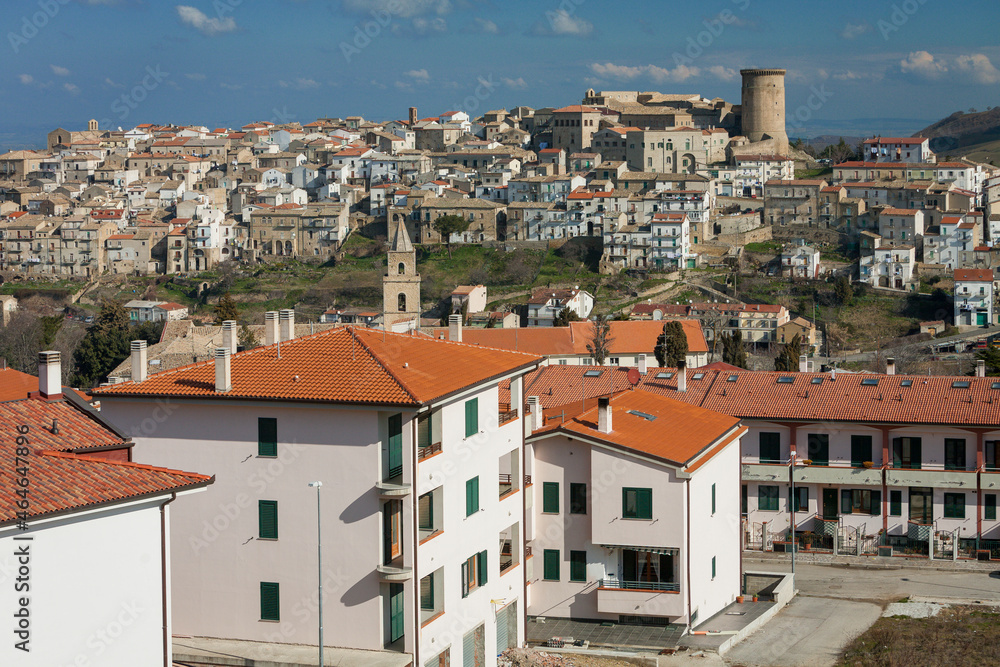 Tricarico, Matera. Panorama towards the Norman tower and Monastery of Santa Chiara