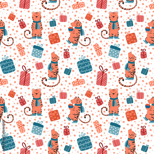 seamless pattern with tigers and gifts 