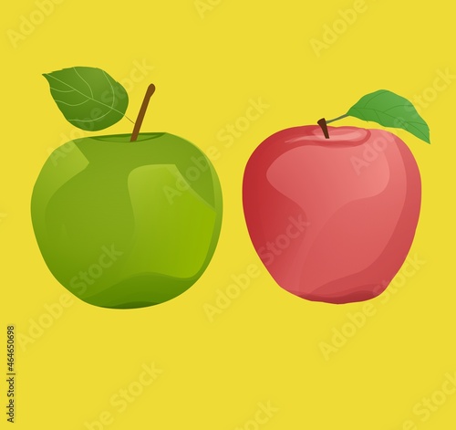 Vektor fruit apple whith yellow background and the color of the apple is green and red.