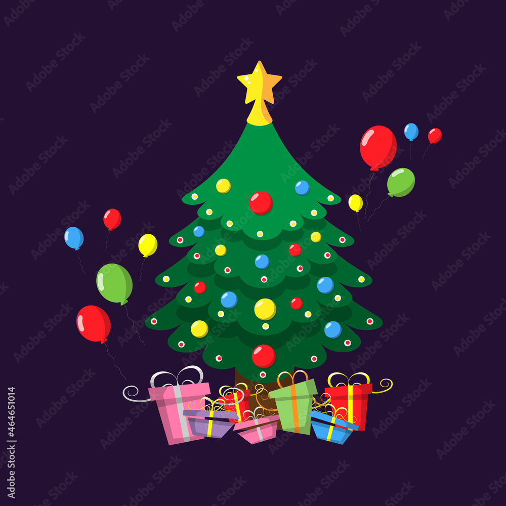 Christmas and New years celebrate concepts. Big Christmas tree and a golden star on top with colorful gift box or present and balloon on purple background. Christmas and New years celebrate concepts. Big Christmas tree and a golden star on top with colorful gift box or present and balloon on purple background.