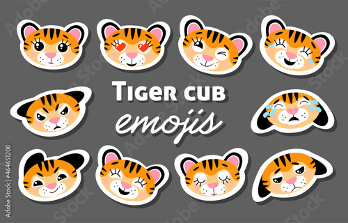Wallpaper Mural Vector colorful set of emoji stickers with tigers (symbol of 2022 New Year). Little cute tiger cubs, isolated on grey background. Animal characters with different emotions (happy, sad, angry, crying) Torontodigital.ca