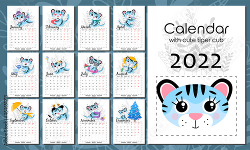 Vector calendar 2022 with symbol of new year. Week starts from Monday. Cute blue tiger cub, in different seasons, doing hobbies. Set of 12 isolated months and cover. A4 format for print