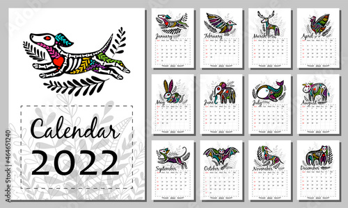 Vector vertical calendar 2022 with different skeleton animals (dog, cat, cow, bat, bear). Week starts from Sunday. Dia de los muertos concept. Set of 12 isolated months and cover. A4 format for print