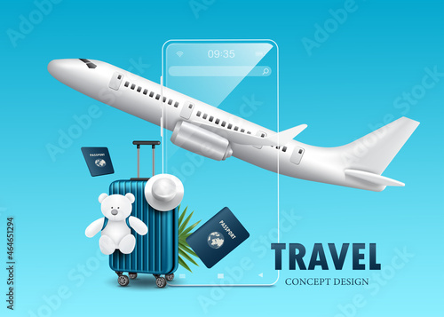 Teddy bear and hat hanging on luggage and have a passport and the plane floats in mid-air and on the back there is a clear glass smartphone placed for travel book tickets online concept,vector 3d