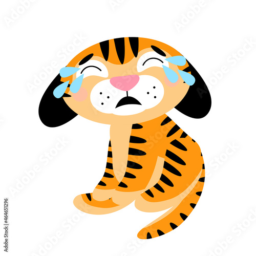 Vector cute little tiger cub, sitting and crying. Symbol of 2022 New Year, isolated on white background