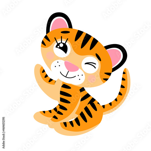 Vector cute little tiger cub, winking and wawing. Symbol of 2022 New Year, isolated on white background