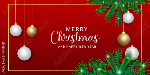 Christmas banner green leaf with red and white ball golden freme red background photo