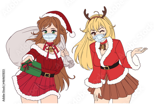 Set of two anime girls wearing medical mask