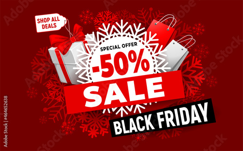 Template for Black Friday Sale advertising banner, poster or flyer. Bright, fun and festive design with gift box and shopping bags. Offer discount on shopping day. Vector illustration. 