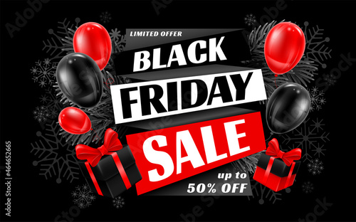 Template for Black Friday Sale advertising banner, poster or flyer. Bright, fun and festive design with balloons and gift boxes. Offer discount on shopping day. Vector illustration. 