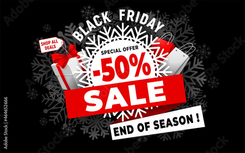 Template for Black Friday Sale advertising banner, poster or flyer. Bright, fun and festive design with gift box and shopping bags. Offer discount on shopping day. Vector illustration. 