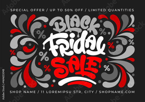Black Friday Sale template for advertising banner, poster, flyer etc with calligraphy lettering. Bright, fun and festive design with funny letters and percentage signs. Vector illustration.