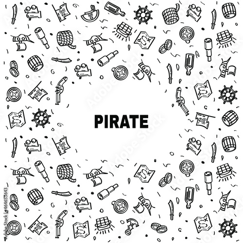 Abstract Frame Doodle Elements Hand Drawn Collection Pirate Animal Sketch Vector Design Style Background Flag Sword Ship Map Bones Chest Illustration Cartoon Icons