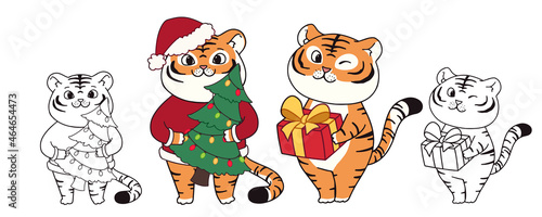 Cute little tigers illustration character design banner for Christmas.