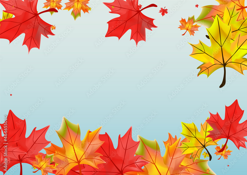 Fototapeta premium Golden Foliage Background Blue Vector. Plant Decoration Card. Ocher Pattern Floral. Realistic Leaves Template.