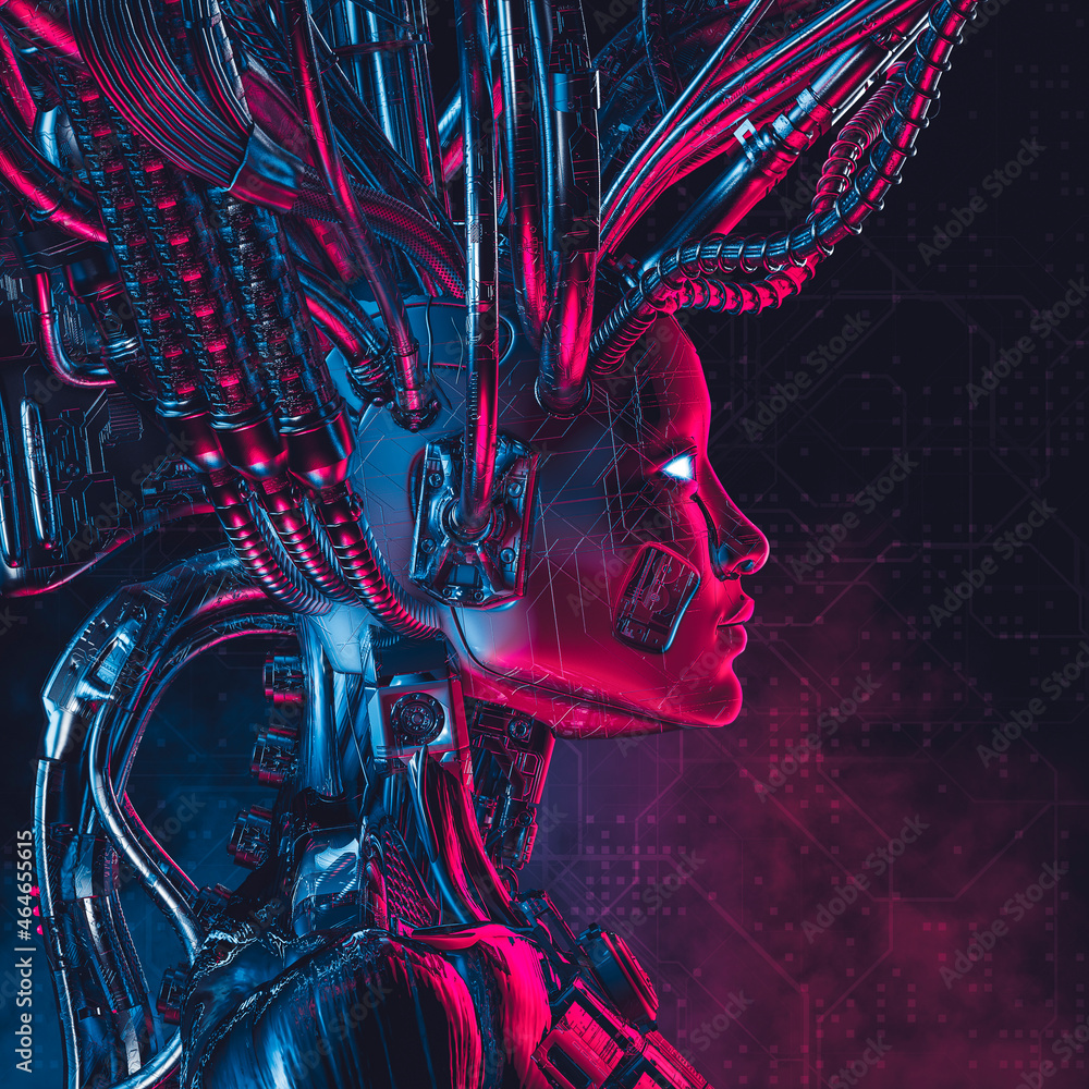 Bride of the machine - 3D illustration of metallic science fiction female artificial intelligence inside futuristic computer core