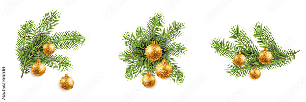 Green fir branches of isolated on white background. Christmas gold ball, vector illustration. Green fir branches of isolated on white background. Christmas gold ball, vector illustration.