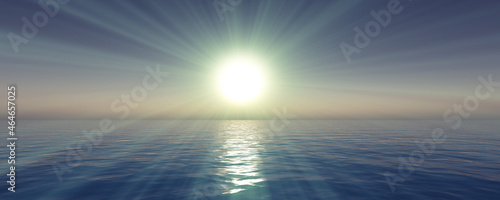 sunset sea sun ray clear sky. 3d rendering