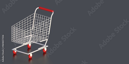 White shopping trolley on a dark background, with place for text. Online shopping concept. 3D rendering. Business and finance.