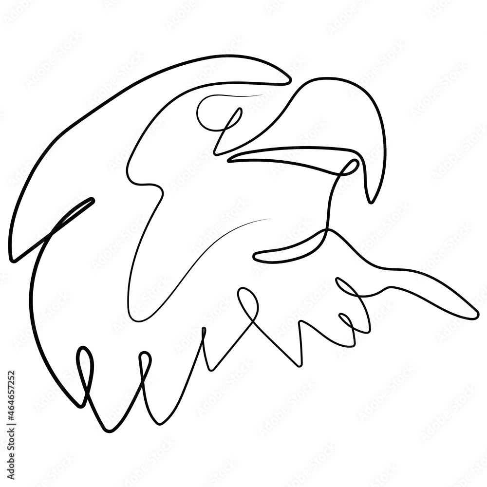Eagle line art in vector. Continuous one line drawing of eagle (bird) silhouette isolated on white background. Eagle for company logo identity. Illustration for magazine, background, logotype. Eagle line art in vector. Continuous one line drawing of eagle (bird) silhouette isolated on white background. Eagle for company logo identity. Illustration for magazine, background, logotype.