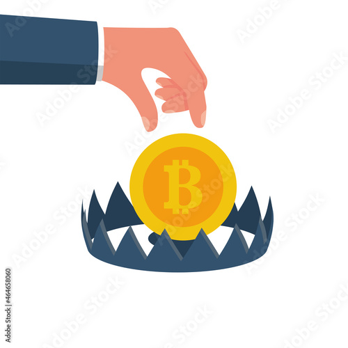 Coin bitcoin in a mousetrap. Money trap crypto currency. Blockchain cryptocurrency. Mousetrap with golden coin. Hand reaching for free money. Vector illustration flat design. Financial bait.