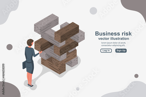 Business risk concept. Businesswoman pulls out the wooden block, risking to break stack. Vector illustration isometric 3d design. Landing business page.