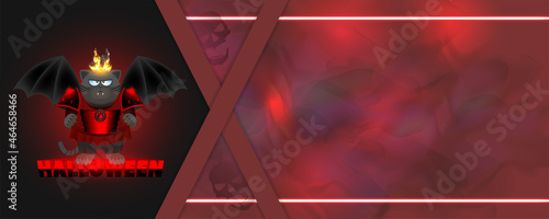 Halloween festive flyer. Black fat displeased cat with fangs and wings in armor and empty red wavy smoky hazy background. 3d word