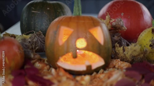 autumn still life with pumpkins blurred focus