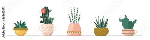 Trendy collection of home cute cactus plants in flowerpots pack icons. Set of mini cacti succulent plants in pots modern illustrations. Cozy vector decoration elements in flat swiss graphic style.
