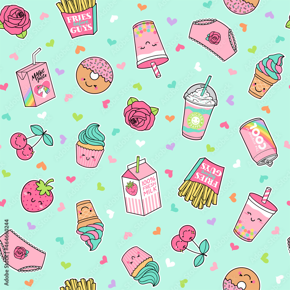 Cute pastel foods patches seamless pattern with heart background.
