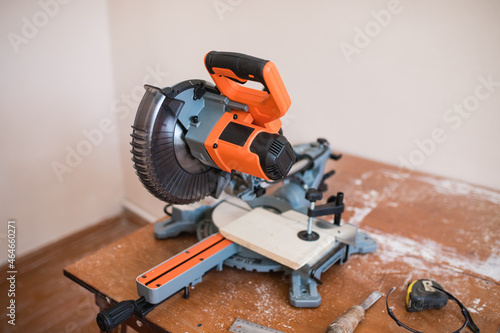 Equipment in a carpentry workshop. carpentry sawing with a circular saw for wood. workshop at home. Craft. Wood processing process. Installation for sawing boards.