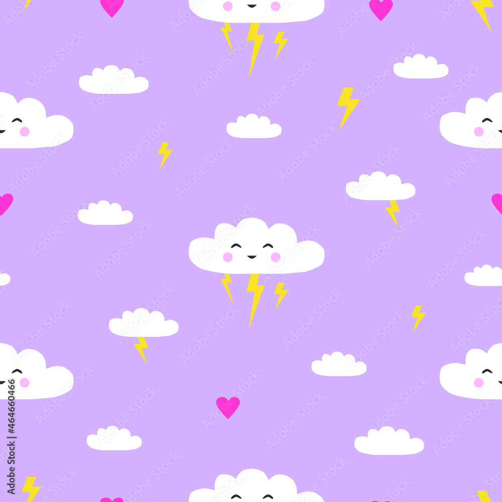Vector pattern with thunder clouds and pink hearts on purple sky