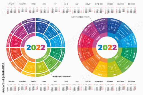 Vector illustration of colorful round calendars 2022 isolated on white background for your design