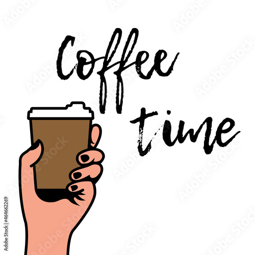 Coffee time. Man holding in hands a cup coffee. Break in work. Caligraphic inscription. Vector illustration flat design. Isolated on white background.