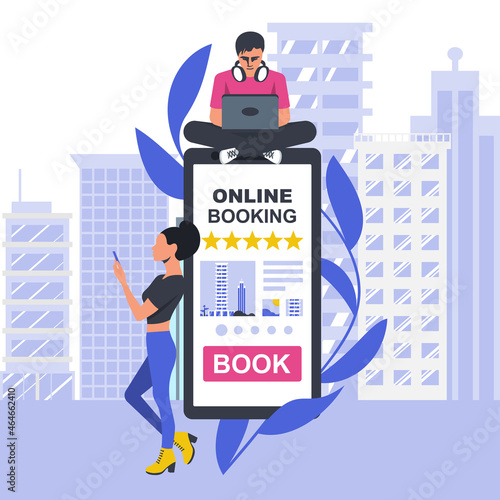 Online booking concept. Client holds the phone in hand with the application for rental housing, against the backdrop big city. Vector illustration flat design. Isolated on white background.