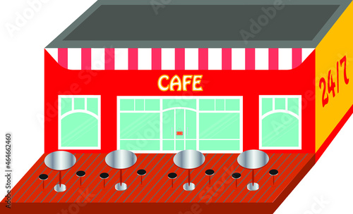 red and yellow cafe with a wooden veranda and tables and chairs 