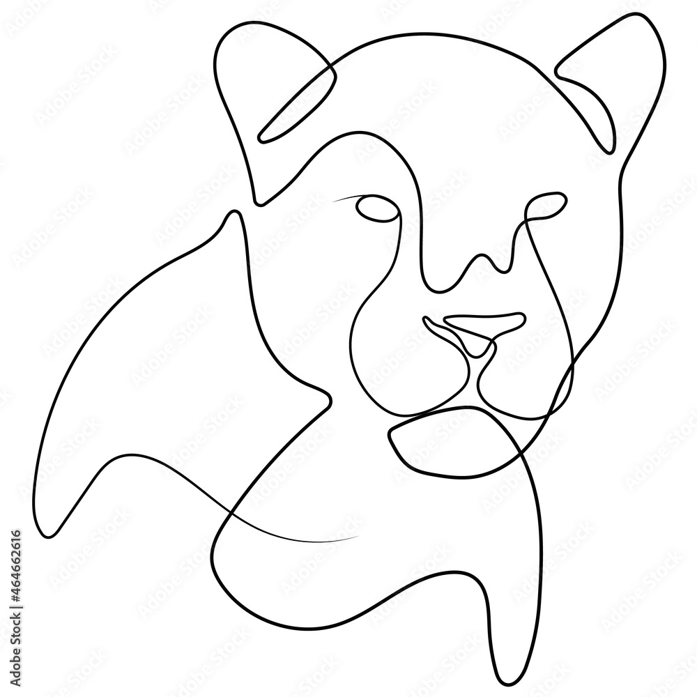 Vektorová grafika „Puma, lion, jaguar head line art drawing. Continuous one line  drawing of puma or jaguar silhouette isolated on white background. Jaguar  for company logo identity or tattoo.“ ze služby Stock