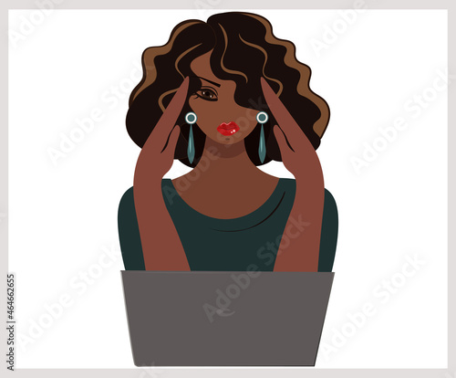 Tired of computer problems African American woman holds her head with her hands. Headache. A young girl presses her hands to her temples. Stress or migraine vector illustration. Flat cartoon style.