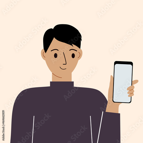 Joyful man with mobile phone, front view. Taking pictures, reading, chatting. Smartphone and internet addiction.