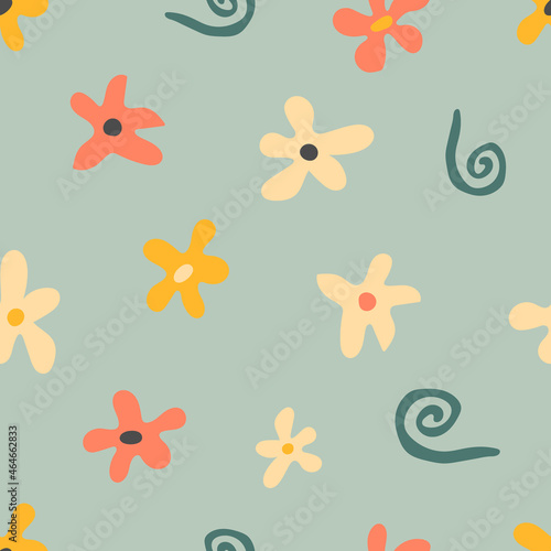 Floral seamless pattern. Abstract flowers and spirals. Vector blue background. Perfect for printing on the fabric, design package and cover
