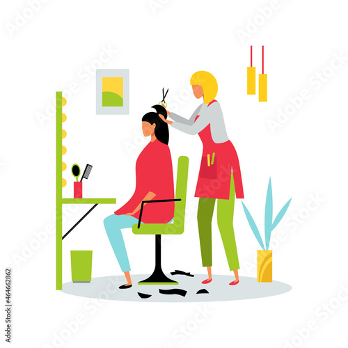 A hairdresser cuts a client's hair in a beauty salon. Girl in a beauty salon. The concept of fashion, style, personal care. Isolated flat illustration.