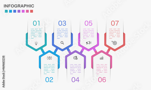 Timeline infographics template 7 step options hexagon