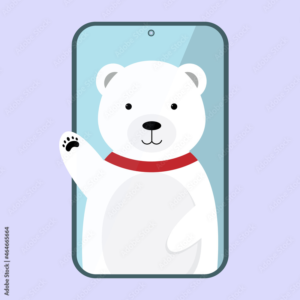 Fototapeta premium A Cartoon polar bear waving from smartphone