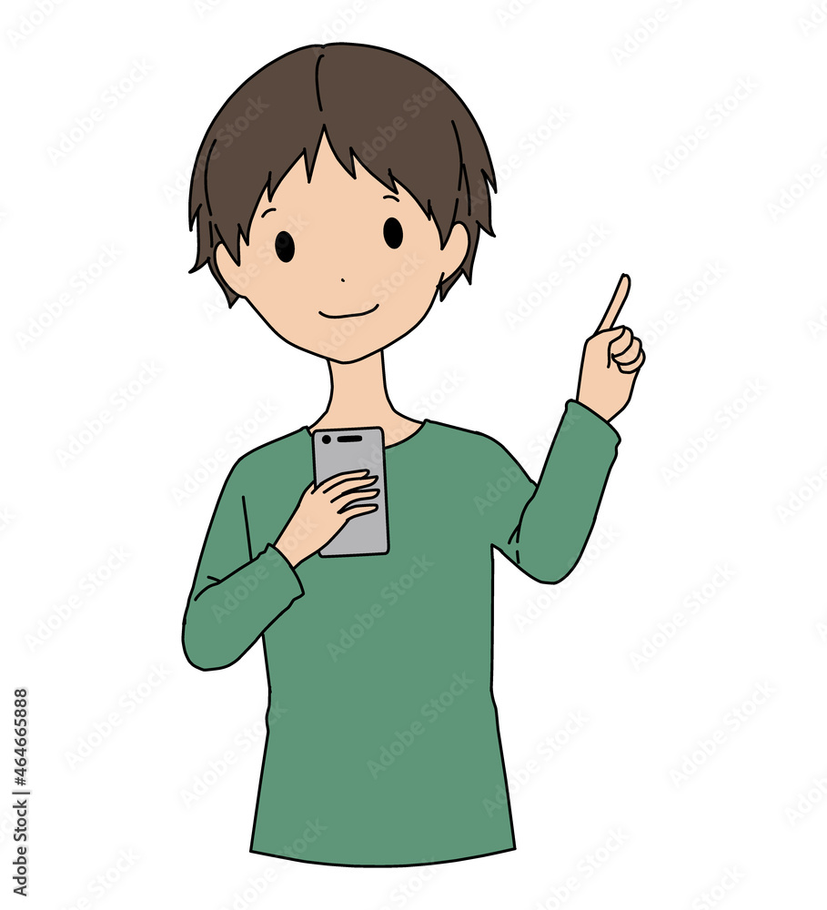 指差し案内をしている笑顔のスマホを持っている男性