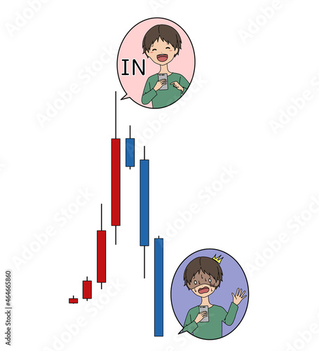 投資で高騰した時にINして暴落して慌てる高値つかみをした男性のイメージイラスト素材