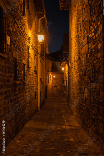 Night view of narrow cobbled street in medieval village Anso.Aragon Pyrenees mountains  Anso is one of the most beautiful villages in Spain.