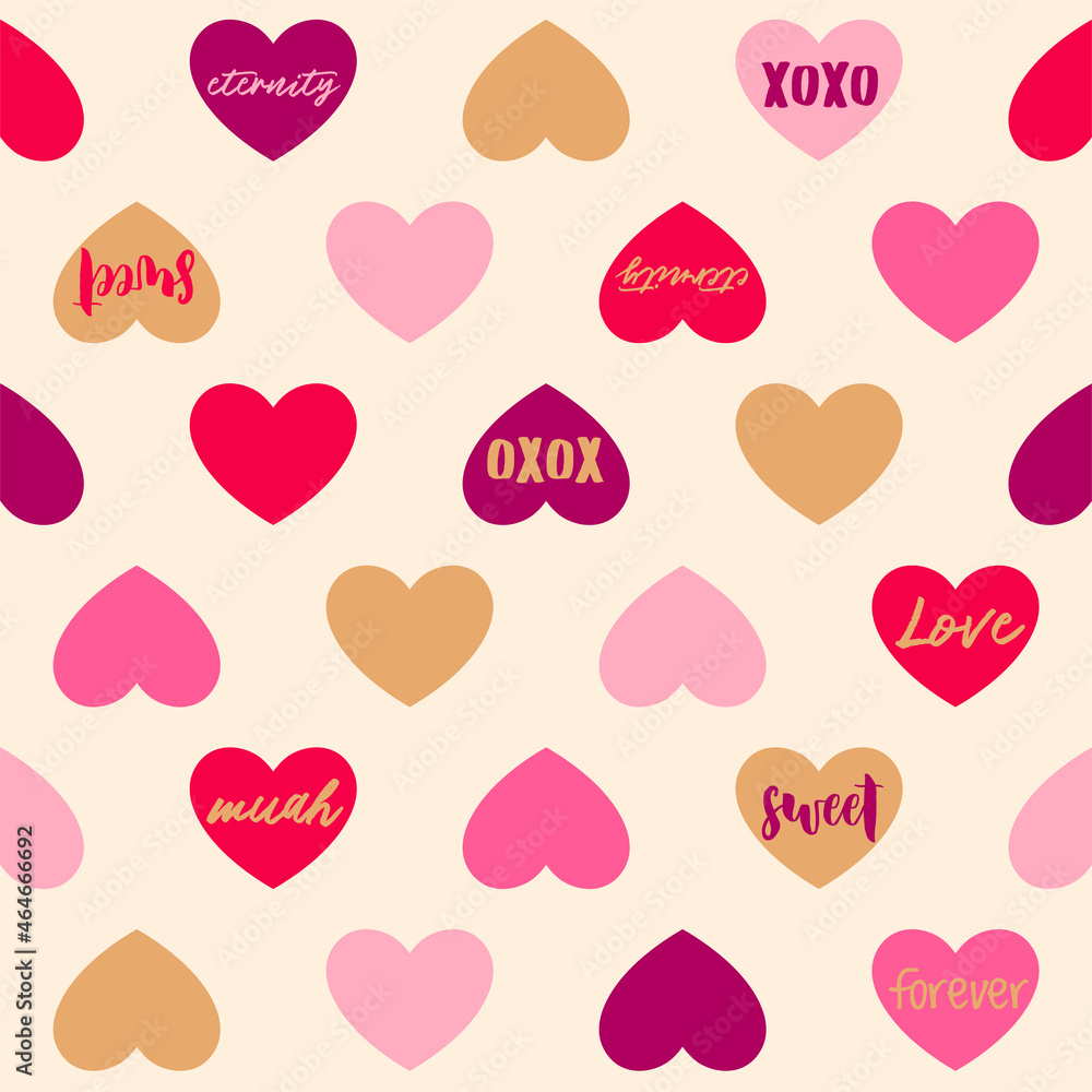 Seamless pattern of hearts and words for valentine’s day.