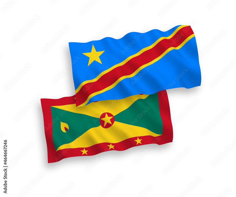National vector fabric wave flags of Grenada and Democratic Republic of the Congo isolated on white background. 1 to 2 proportion.